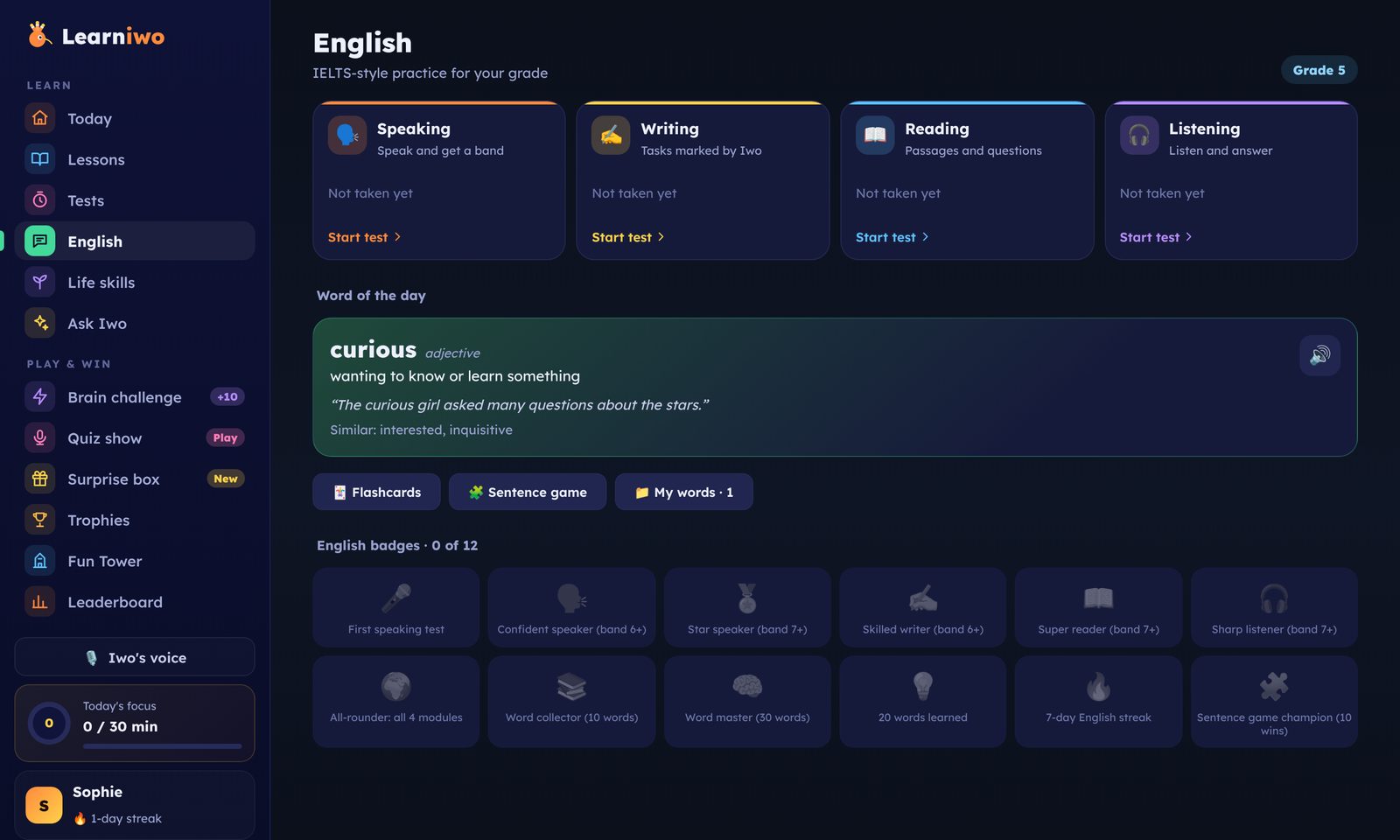 English practice: speaking, writing, reading and listening, with the word of the day