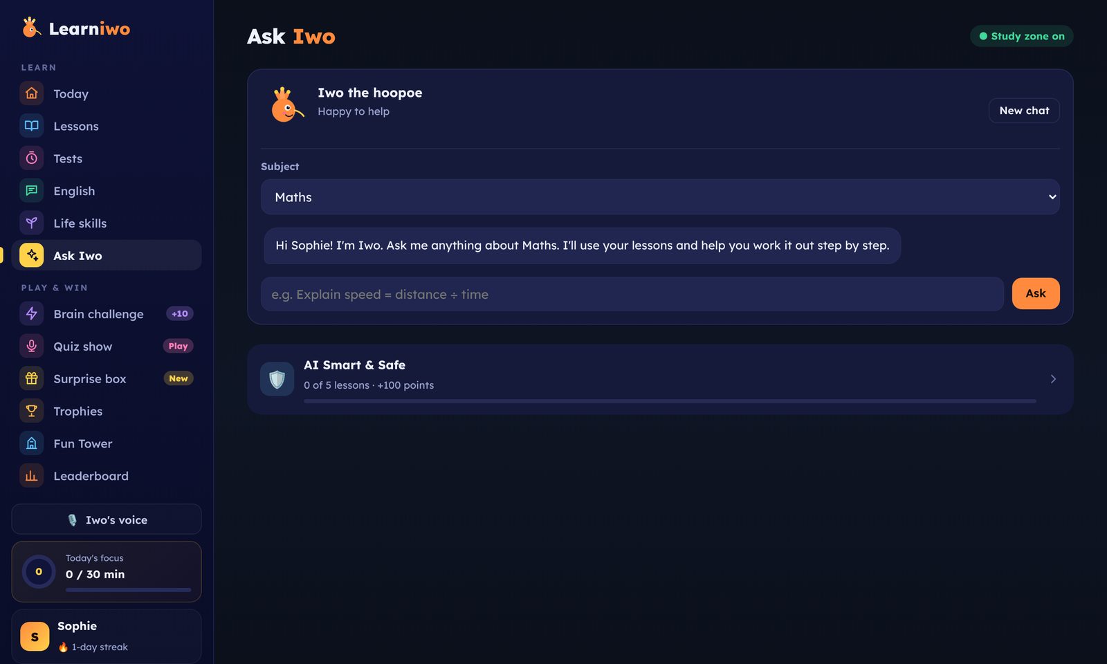 Ask Iwo with the study zone on, and the AI Smart and Safe course